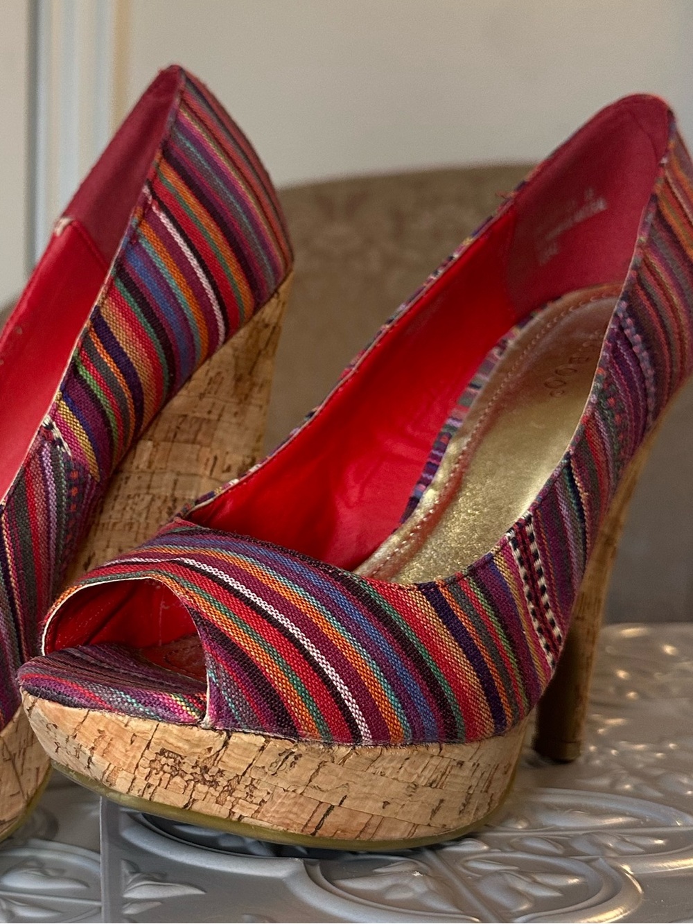 Bamboo Multicolor Striped Cork Platform Peep Toe Heels Size 8.5 Boho Pumps - Picture 13 of 13
